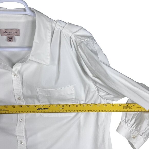 Philosophy Womans 3X White Button Up Blouse Balloon Sleeves Pocket Minimalist - Picture 10 of 16
